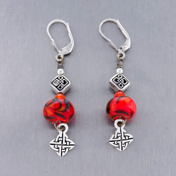 Vintage Sterling Silver 925 Red Glass Beaded Celtic Knot Dangle Earrings - Picture 5 of 6